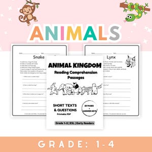 Puede incluir: PDF imprimible educativo titulado "Animal Kingdom Reading Comprehension Passages" con textos cortos y preguntas para lectores de ESL de 1.º a 2.º grado. La portada presenta ilustraciones de animales y la palabra "Animals" en letras coloridas.