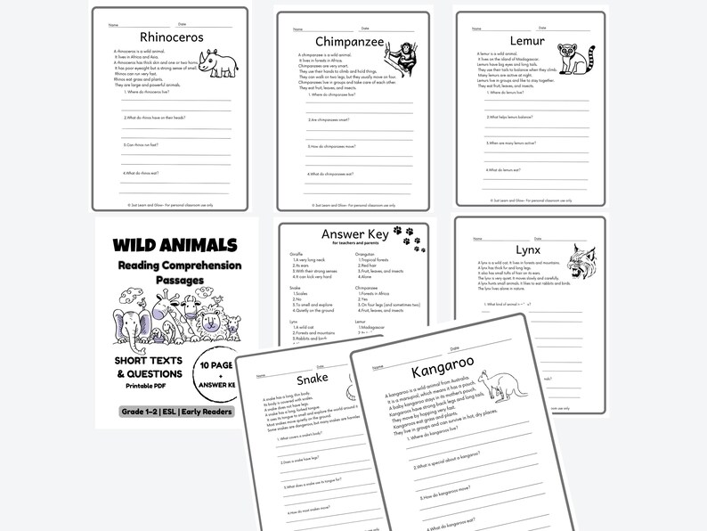 Wild Animals Reading Comprehension Worksheets Grade 1–2 - Etsy