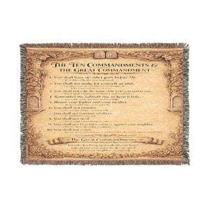 May include: Woven tapestry featuring the Ten Commandments and the Great Commandment. The text is displayed in a decorative, vintage-style font on a beige background, framed by ornate borders. The tapestry has a fringed edge.