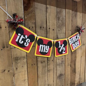 Mickey Mouse themed Half Birthday Cardstock Banner in Red, Yellow, Black and White