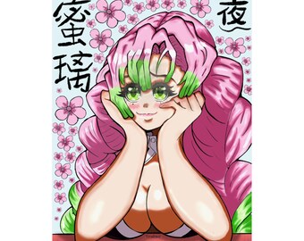Lámina de fanart de Mitsuri Kanroji / Hashira del Amor de Demon Slayer / Decoración de pared de anime rosa / YoruDrawz