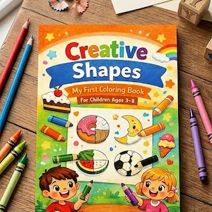 Könnte beinhalten: Ein buntes Malbuch für Kinder mit dem Titel "Creative Shapes" mit Illustrationen von Formen und Objekten. Das Buch liegt auf einem Holztisch, umgeben von Buntstiften und Farbstiften. Das Buch ist für Kinder im Alter von 3-8 Jahren.