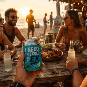 Könnte beinhalten: Eine türkisfarbene Schaumstoff-Isolierhülle für Getränkedosen mit dem weißen Text I NEED THIS COLD LIKE MY EX, ergänzt durch eine Grafik einer Limettenspalte, Eiswürfeln und Minzblättern, gehalten in einer Hand vor einem verschwommenen Hintergrund.