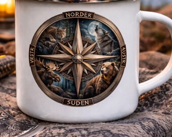 Taza nórdica de esmalte – Diseño de brújula vikinga y fauna salvaje, ideal para acampar al aire libre.