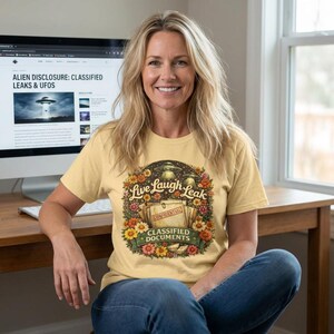 May include: A light yellow t-shirt with a floral design. The text reads "Live Laugh Leak" and "Classified Documents", with UFOs and a vintage style. The shirt is worn by a person.