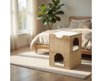 Cat House Indoor, Rattan Cat Cave 3 Tier, Cat Condo Furniture, Cat Bed with Cushions, Foldable Pet House, Small Pet Hideaway, Modern Pet