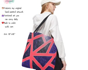 Abstract Coral Geometric Tote Bag | Original Hand-Painted Artwork Wearable Art Bag