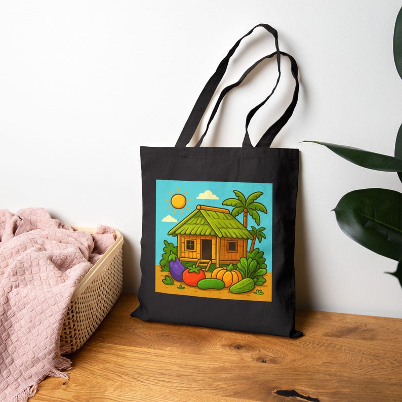 May include: Black tote bag featuring a colorful illustration of a tropical house with a green roof, palm trees, and vegetables. The design includes a sun, clouds, and various vegetables like eggplant, tomato, pumpkin, and cucumber. The bag has black handles.