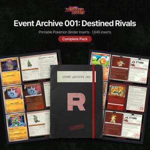 May include: A black binder with a red elastic strap and the letter R printed on the cover, labelled Event Archive 001 and Classified. It is displayed with two open pages of printable Pokémon binder inserts featuring various character cards and text.