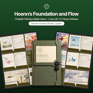 Può includere: Un raccoglitore verde con un'etichetta centrale che riporta la scritta Hoenn's Foundation and Flow, affiancato da due pagine aperte che mostrano inserti di carte Pokémon. Le pagine presentano varie illustrazioni e il titolo Hoenn's Foundation and Flow.