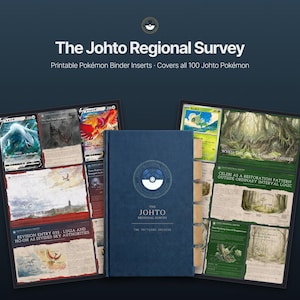 May include: A dark blue binder titled The Johto Regional Survey with a central Poké Ball emblem, flanked by two open pages displaying Pokémon trading cards and informational text entries about Lugia, Ho-Oh, and Celebi on a dark background.