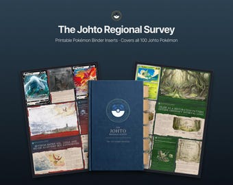 May include: A dark blue binder titled The Johto Regional Survey with a central Poké Ball emblem, flanked by two open pages displaying Pokémon trading cards and informational text entries about Lugia, Ho-Oh, and Celebi on a dark background.
