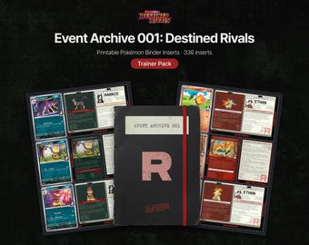 Può includere: Un raccoglitore nero con un elastico rosso e una grande lettera R rossa sulla copertina, etichettato Event Archive 001. È mostrato con due fogli di inserti stampabili per raccoglitori Pokémon con profili dei personaggi, illustrazioni e il testo Destined Rivals.