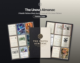 Può includere: The Unova Almanac, un libro con copertina nera e crema, è centrato tra due pagine di inserti stampabili per raccoglitori. Il testo recita The Unova Almanac, Printable Pokémon Binder Inserts, Covers all 156 Unova Pokémon e Pokédex Order.
