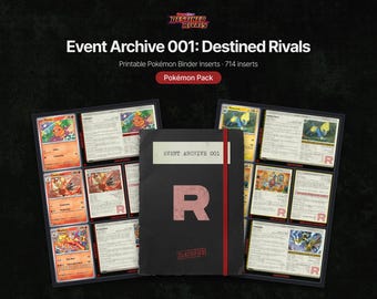 Può includere: Un raccoglitore nero con un elastico rosso e una grande lettera R sulla copertina, etichettato Event Archive 001 e Classified. È mostrato con due pagine aperte di inserti stampabili per raccoglitori Pokémon con varie carte personaggio.