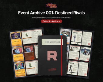 Può includere: Un raccoglitore nero con un elastico rosso e una grande lettera R rossa sulla copertina, etichettato Event Archive 001 e Classified. È mostrato sopra due pagine di inserti stampabili per raccoglitori Pokémon con varie carte e testo.