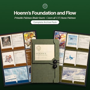 Op de afbeelding: Een groene map met een koordsluiting staat voor twee vellen met printbare Pokémon-mapinzetstukken. De tekst luidt Hoenn's Foundation and Flow, Printable Pokémon Binder Inserts, Covers all 135 Hoenn Pokémon en Complete Archive Pack.