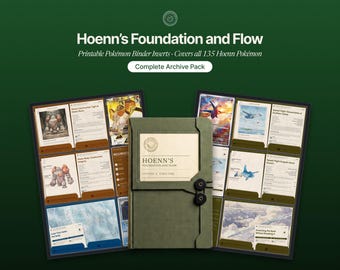 Può includere: Un raccoglitore verde con chiusura a cordoncino è posizionato davanti a due pagine di inserti stampabili per raccoglitori Pokémon. Il testo recita Hoenn's Foundation and Flow, Printable Pokémon Binder Inserts, Covers all 135 Hoenn Pokémon e Complete Archive Pack.