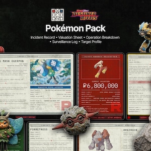 May include: A Pokémon Pack with the text "Pokémon Pack" and "Destined Rivals". The image features various cards with illustrations of Pokémon characters and text, including "Incident Record" and "Valuation Sheet".