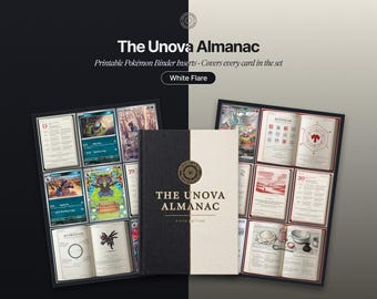 Può includere: Il libro The Unova Almanac Fifth Edition con copertina nera e crema, posizionato tra due pagine di raccoglitore che mostrano varie carte collezionabili Pokémon e pagine informative illustrate con testo, diagrammi e disegni.