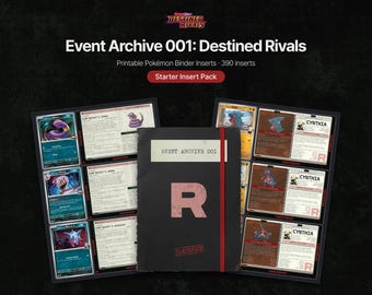 Può includere: Un raccoglitore nero con un elastico rosso e una grande lettera R rossa sulla copertina, etichettato Event Archive 001. È mostrato con due pagine aperte che mostrano inserti stampabili per raccoglitori Pokémon, incluse carte e testo.