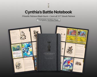 Può includere: Un taccuino nero intitolato Cynthia's Battle Notebook con l'icona di una corona e una penna stilografica sulla copertina, mostrato insieme a due pagine di inserti stampabili per raccoglitori con illustrazioni e carte di 107 Pokémon di Sinnoh.