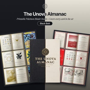 May include: A book titled The Unova Almanac Fifth Edition with a black and cream cover, displayed alongside two open binder pages featuring printed illustrations, text, and grid layouts for Pokémon cards, including Zekrom and Victini entries.