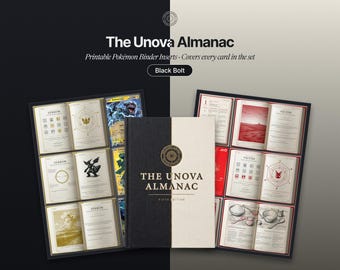Può includere: Un libro intitolato The Unova Almanac Fifth Edition con copertina nera e crema, mostrato accanto a due pagine di raccoglitore aperte con illustrazioni stampate, testo e layout a griglia per carte Pokémon, inclusi Zekrom e Victini.