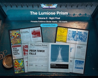 Può includere: Una collezione di inserti per raccoglitori Pokémon stampabili intitolata The Lumiose Prism Volume II Night Final, caratterizzata da layout in stile giornale con titoli come Prism Tower Falls, Mega Pyroar Stops Traffic e The Ninja on the Star.