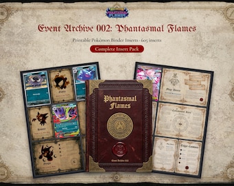 Può includere: Un pacchetto di inserti per raccoglitori Pokémon stampabili intitolato Event Archive 002: Phantasmal Flames. Il set include una copertina di libro rosso scuro con emblemi circolari dorati e due pagine di carte illustrate e documenti.