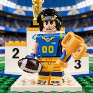 Op de afbeelding: Een Lego-figuur van een American football-speler in een blauw en geel uniform, met een voetbal en een gouden trofee. De figuur staat op een wit platform met de nummers 2 en 3 op de achtergrond.