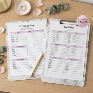 May include: Two white clipboards with marble patterns hold printed wedding planning sheets titled Wedding Day Budget Planner and Wedding Contact. A gold pen rests on the left sheet. The pages feature tables with pink headers and text fields for names, contact details, and budget tracking. A pink circle in the corner reads Designed in Canva.