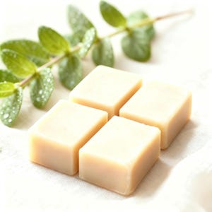 Puede incluir: Cuatro jabones cuadrados de color claro están dispuestos sobre una superficie blanca, con una ramita de hojas verdes en el fondo. Los jabones tienen un aspecto liso y limpio, lo que sugiere un producto natural o hecho a mano.