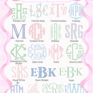 May include: A grid of monogram fonts in various styles and colors, including Fishtail Curl, Fishtail Rose, and Ryan Ribbed. The word "Fonts" and "monogram" are at the top. The background is pink with a gingham pattern.