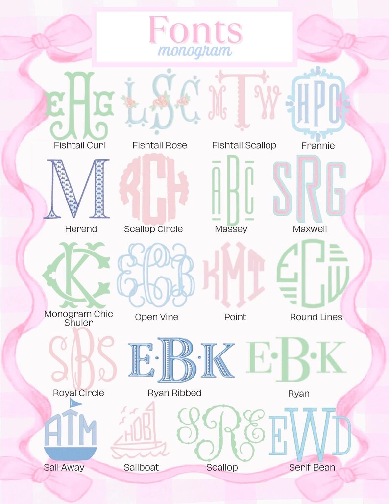 May include: A grid of monogram fonts in various styles and colors, including Fishtail Curl, Fishtail Rose, and Ryan Ribbed. The word "Fonts" and "monogram" are at the top. The background is pink with a gingham pattern.