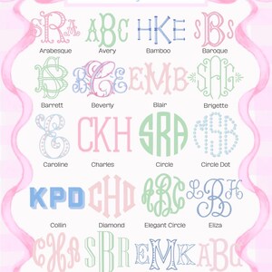 May include: A decorative image showcasing various monogram fonts in pastel colors. The fonts include Arabesque, Avery, Bamboo, and Baroque, among others. The word "Fonts" and "monogram" are displayed at the top.