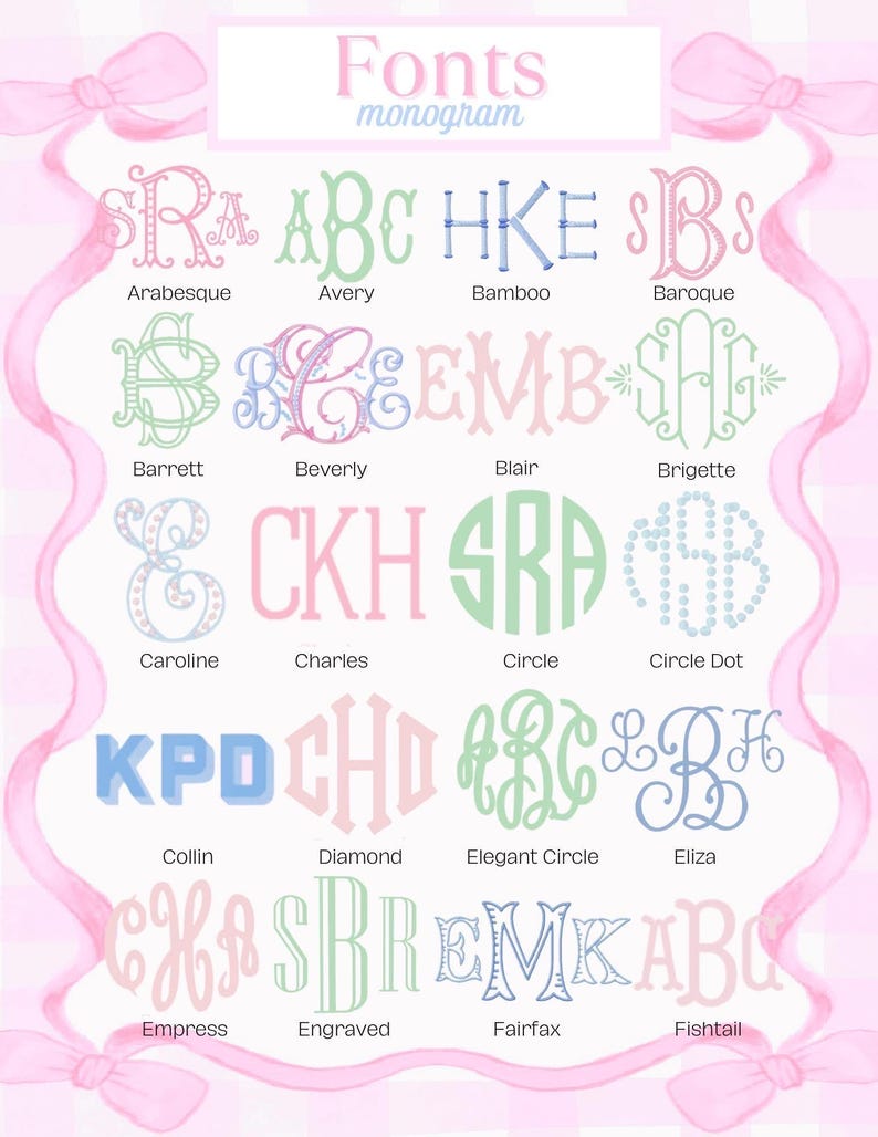 May include: A decorative image showcasing various monogram fonts in pastel colors. The fonts include Arabesque, Avery, Bamboo, and Baroque, among others. The word "Fonts" and "monogram" are displayed at the top.