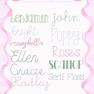 May include: A pink and white graphic featuring various font styles. The text includes names like Benjamin, John, Poppy, and Hadley, along with the words "Fonts" and "name fonts - vintage/floss stitch."