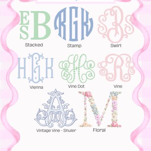 May include: A selection of monogram fonts in various styles, including Stacked, Stamp, Swirl, Vienna, Vine Dot, Vine, Vintage Vine - Shuler, and Floral. The image features a pink and white checkered background with pink bows and the word "Fonts" at the top.