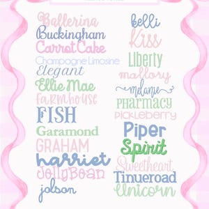 May include: A decorative poster with a pink and white checkered background and a pink ribbon border. The poster features a list of various font styles in different colors, with the word "Fonts" at the top.
