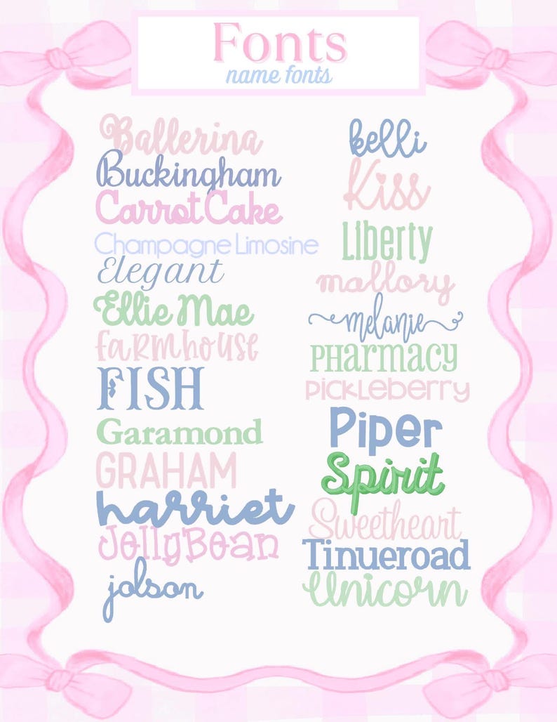 May include: A decorative poster with a pink and white checkered background and a pink ribbon border. The poster features a list of various font styles in different colors, with the word "Fonts" at the top.