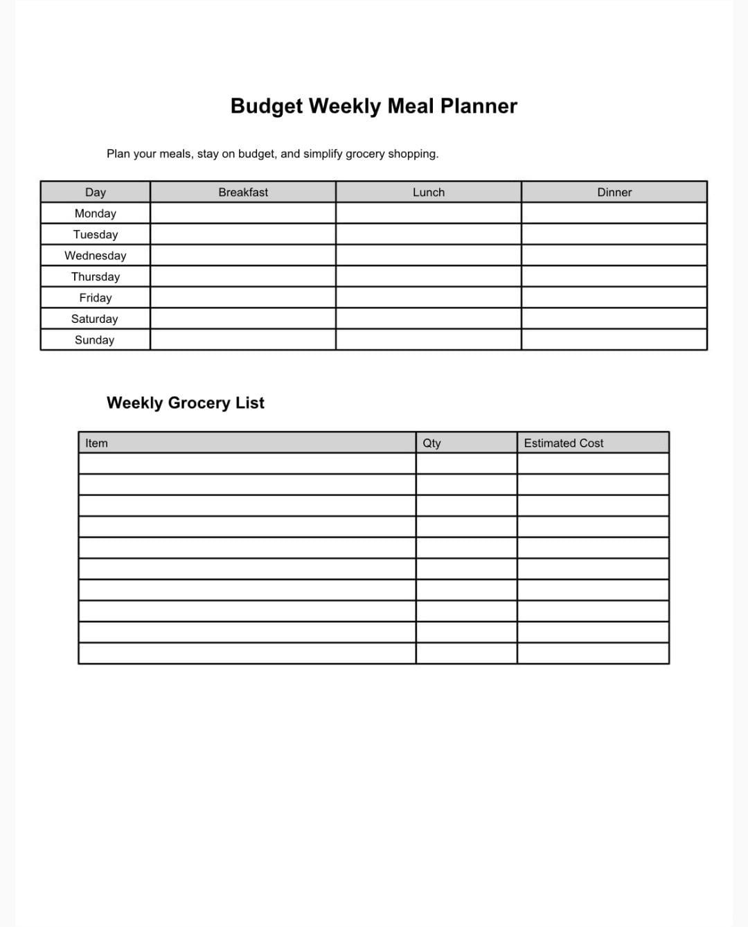 Budget Weekly Meal Planner Printable | Grocery List Planner | Simple ...
