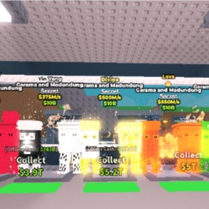 May include: A digital game scene with characters of different colours, including red, white, and orange. Each character has a name, stats, and a "Collect" button. The scene is set in a virtual environment.