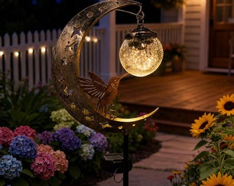 Solar Moon-shaped Ground Light with Hummingbird and Glass Ball Decorations, Suitable for Outdoor Patio Decoration