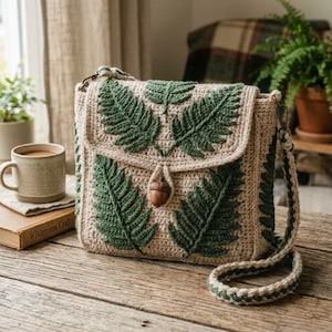 Puede incluir: Un bolso bandolera de ganchillo beige con patrones de hojas de helecho verde oscuro en la solapa frontal y el cuerpo. El bolso incluye una correa de ganchillo a juego y un cierre de botón de madera con forma de bellota en la solapa.