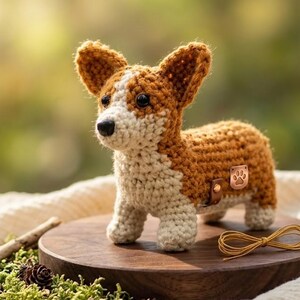 Puede incluir: Una figura de perro Corgi tejida a ganchillo con hilo marrón y crema, ojos de plástico negro y una pequeña etiqueta de cuero marrón en el costado con un emblema metálico de huella. El juguete está de pie con orejas puntiagudas y cuerpo robusto.