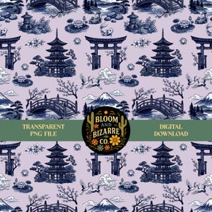 Japanese Seamless Pattern – Pagodas, Koi, Cranes, Torii Gates & Cherry Blossoms – Oriental Digital Paper Design