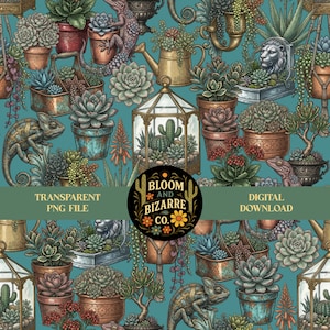 Puede incluir: Un patrón digital con un fondo turquesa, que presenta ilustraciones de suculentas, camaleones y macetas decorativas. El diseño incluye un terrario, regaderas y el texto "Bloom and Bizarre Co." y "Transparent PNG File" y "Digital Download".