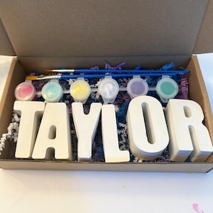 May include: A craft kit in a cardboard box containing white, three-dimensional letters spelling the name TAYLOR, a strip of six small plastic paint pots with various colors, and two blue-handled paintbrushes nestled in shredded paper filler.