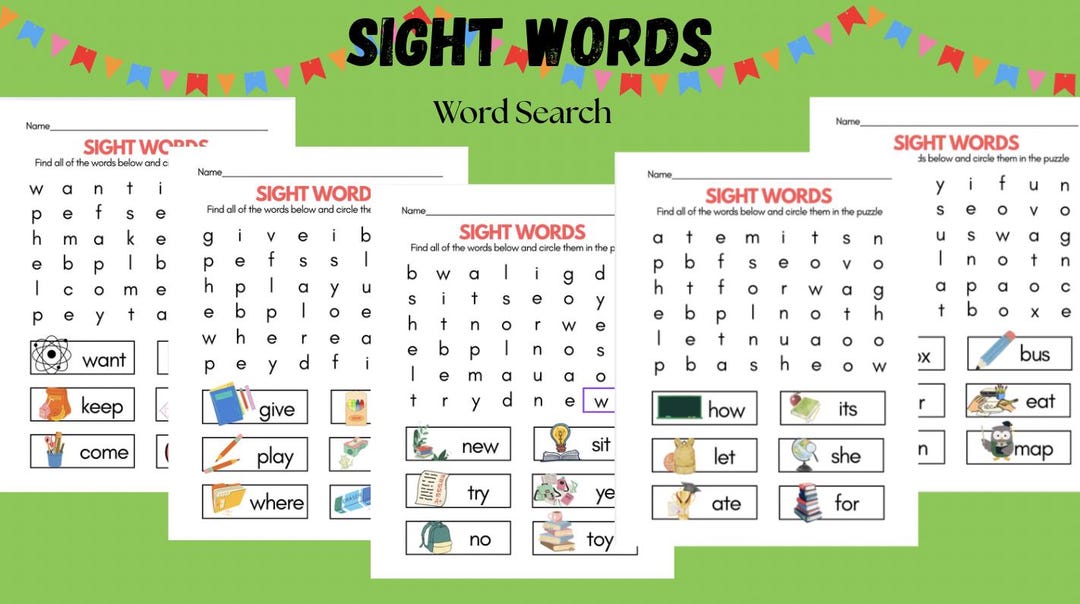 Kindergarten Sight Word Word Search Bundle – 10 Printable Worksheets